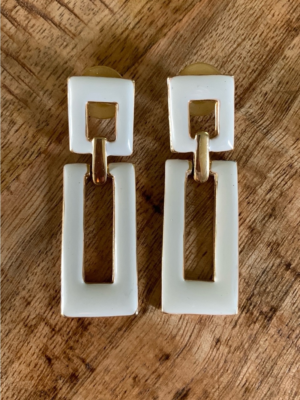 Vintage White Enamel and Gold-Tone Geometric Drop Earrings